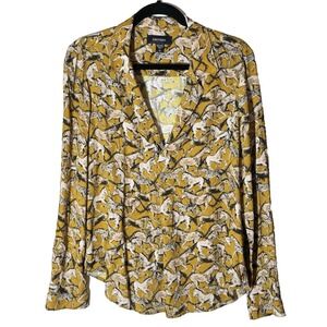 Karen Kane Horse Print Top Sz M‎ Gold V-Neck All Over Graphic Equestrian Western
